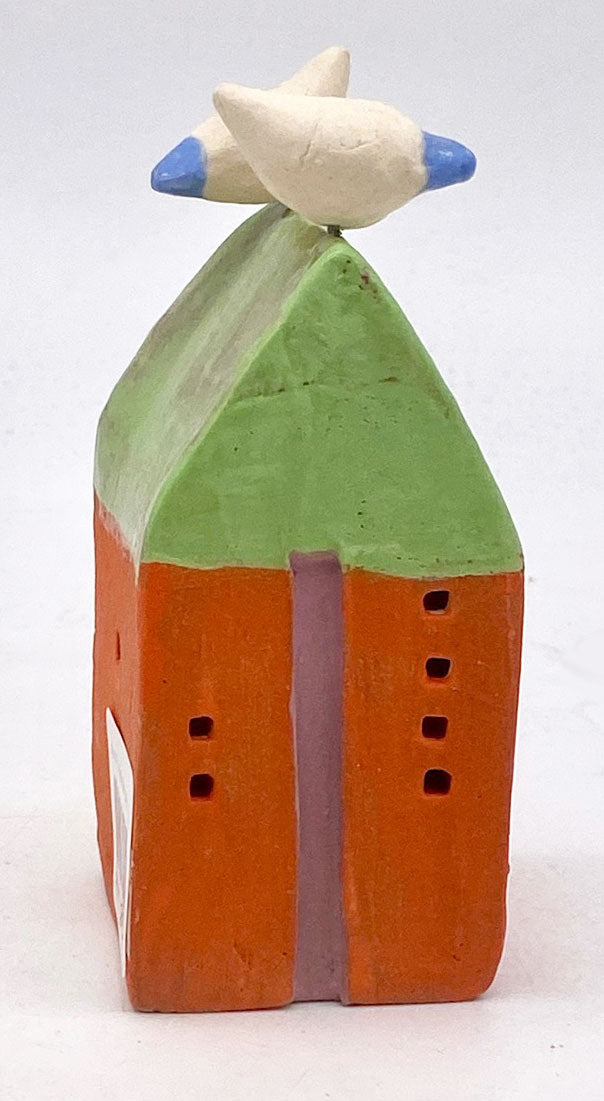 328. Ceramic house, green roof, 2 birds