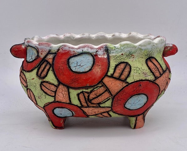 330. Wide Vase: Lime w/ Red Flowers