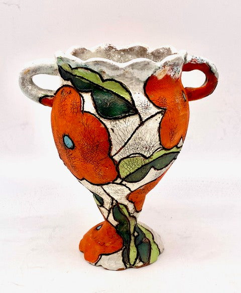 332. Pedestal Vase: White w/ Orange Flowers
