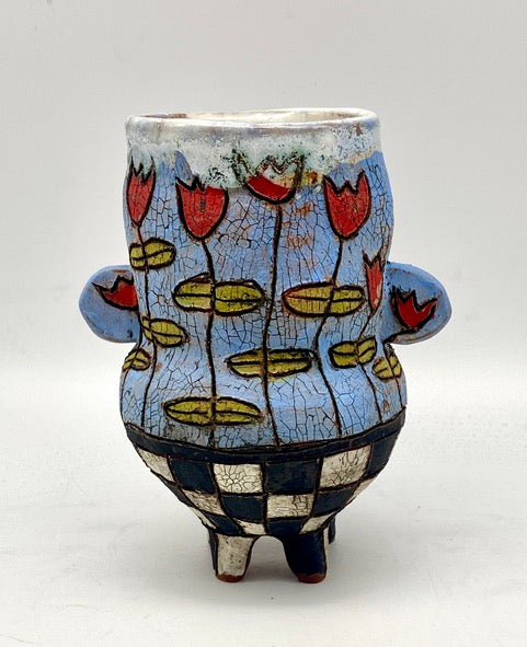 335. Baby Blue Vase: Red Flowers w/ Checkerboard