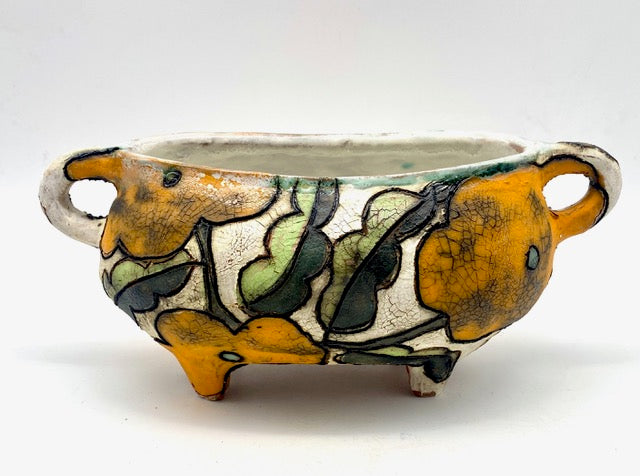 356   Ceramic Wide white vase with orange florals, handles & legs