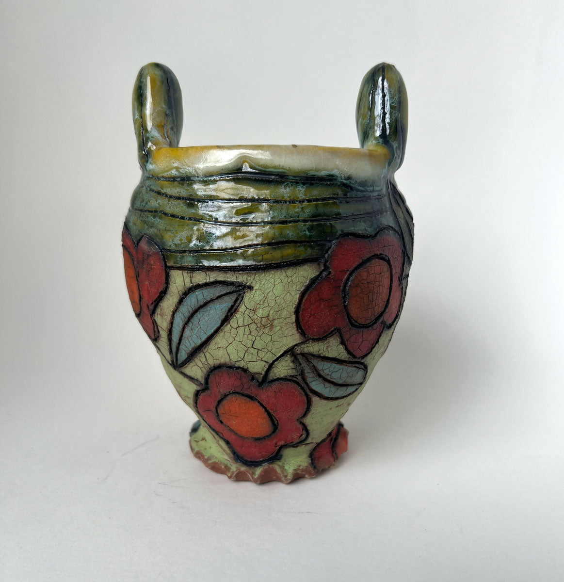 368. Medium Green w/ Red Flowers Vase