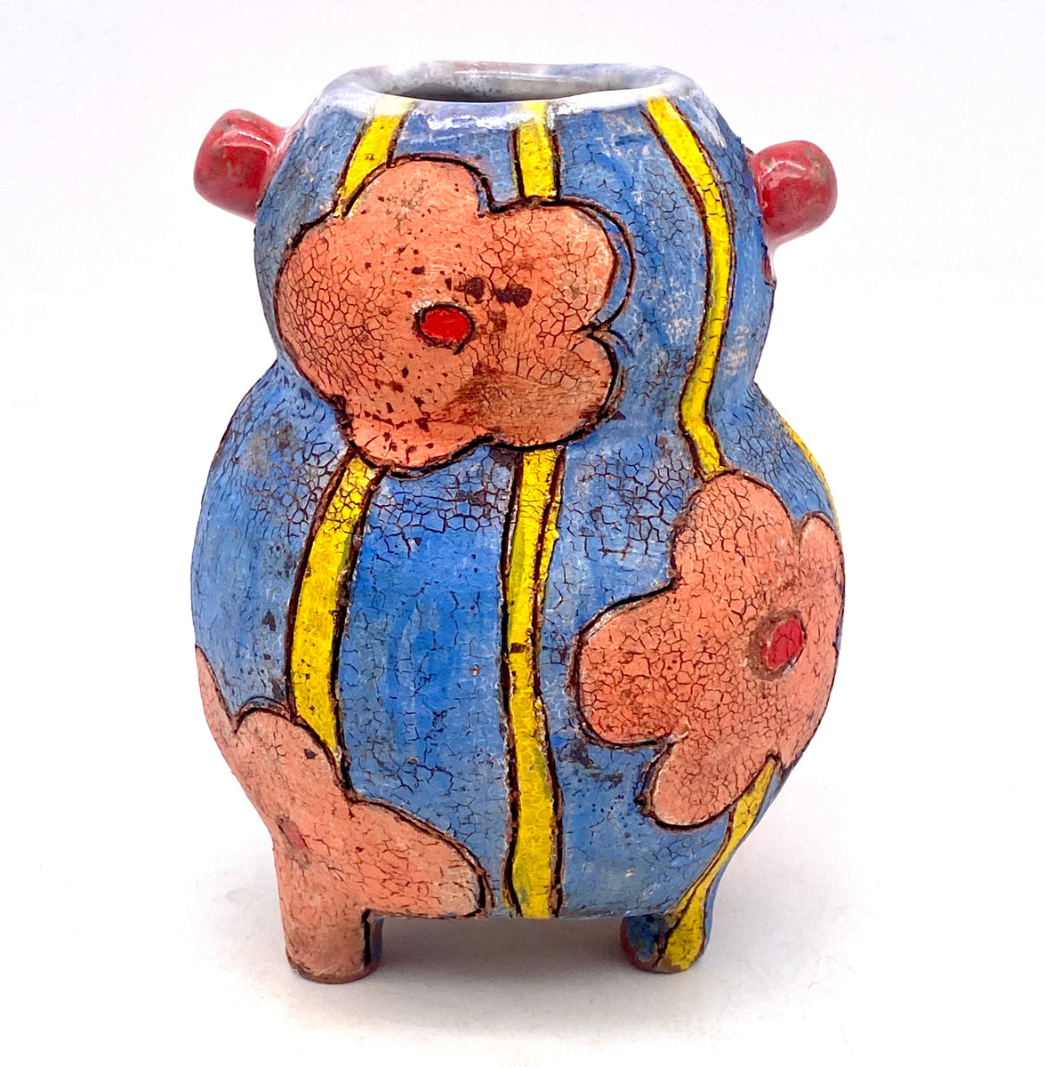 409. Dark Blue with Coral Flowers & Yellow Stripes