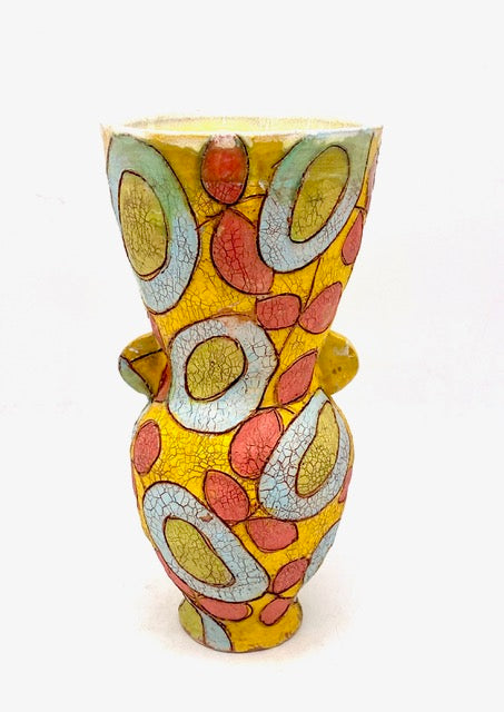 390. Yellow Vase w/jade flowers & red leaves