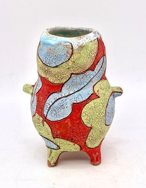 391. Red Vase w/lime flowers, knob handles, legs