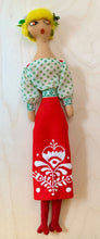 Load image into Gallery viewer, 12. Doll with Embroidered Red Skirt and Green Polka dot Blouse #1
