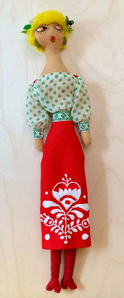 12. Doll with Embroidered Red Skirt and Green Polka dot Blouse #1
