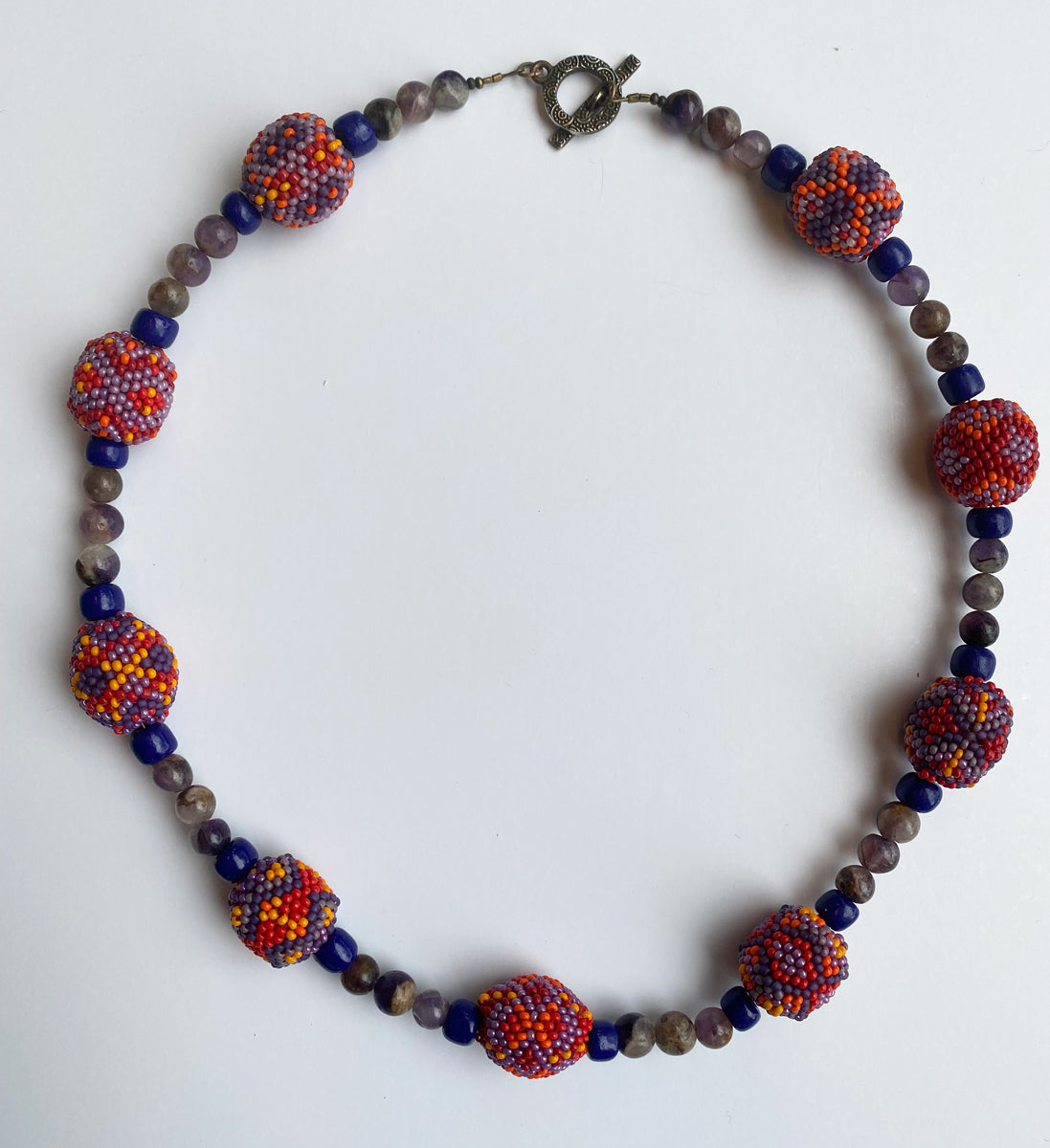15. Orange/Red/Purple Peyote Stitch Beaded Bead Necklace