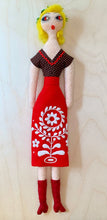 Load image into Gallery viewer, 15. Doll with Embroidered Red Skirt and Brown Polka dot Blouse
