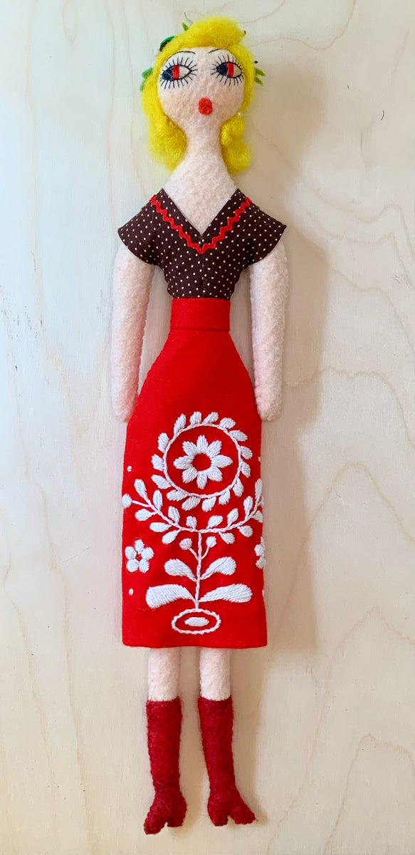 15. Doll with Embroidered Red Skirt and Brown Polka dot Blouse