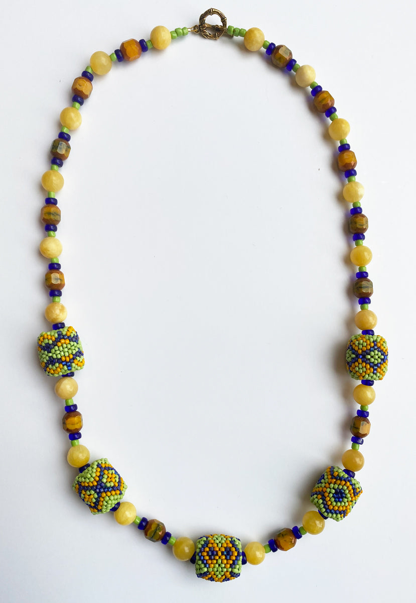16. Yellow/Green Peyote Stitch Beaded Bead Necklace