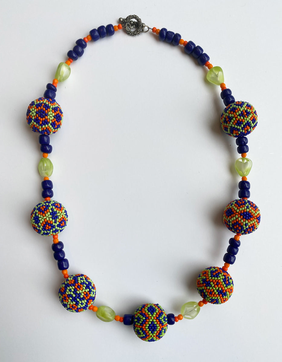 18. Blue/Orange/Yellow Peyote Stitch Beaded Bead Necklace