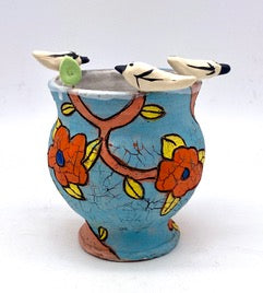 286. Birds on a Rim Vase: Jade/red flowers