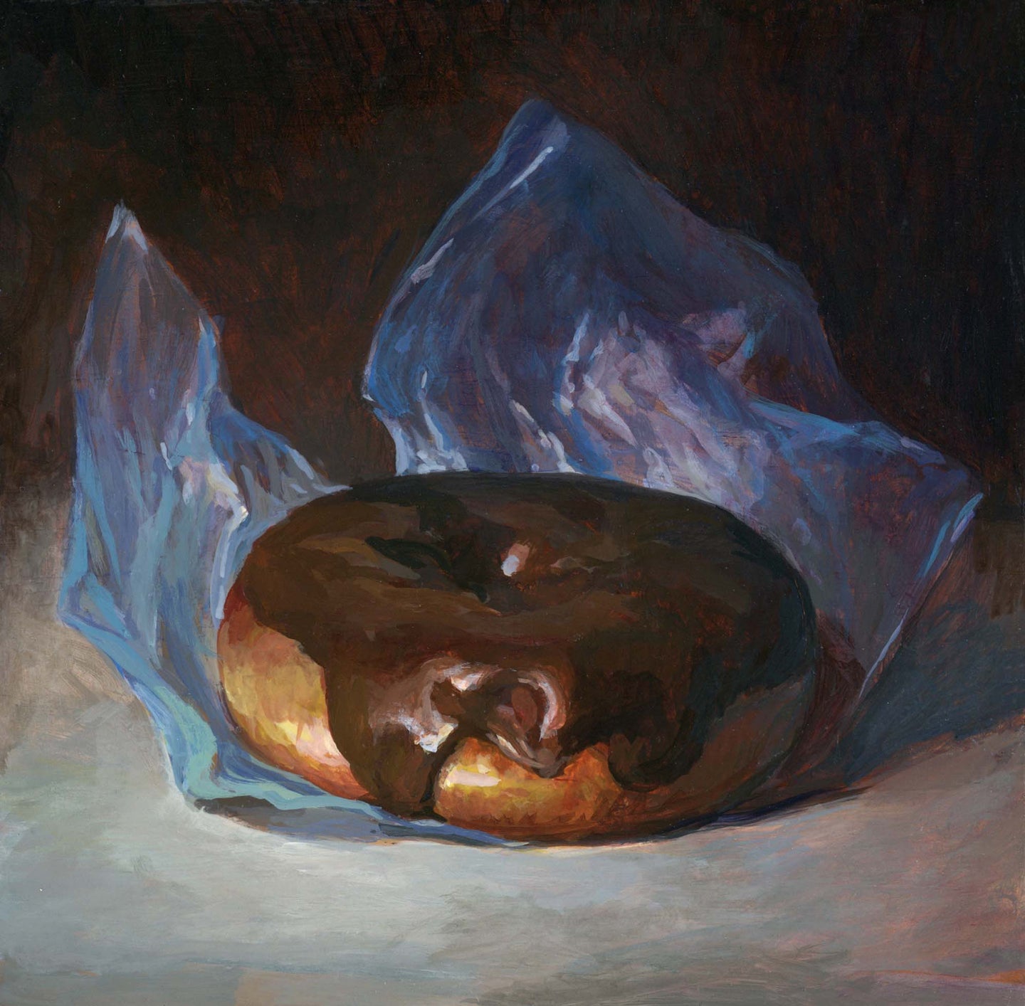44. Chocolate Donut with Blue Plastic Wrap