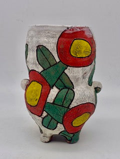 305. White Chubby Vase w/ Red Florals, Legs & Knob Handles