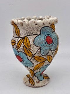 304. White Pedestal Vase w/ Clay Beads on Rim