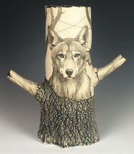 Load image into Gallery viewer, 13. Tree Trunk Vase: Lynx &amp; Red Wolf
